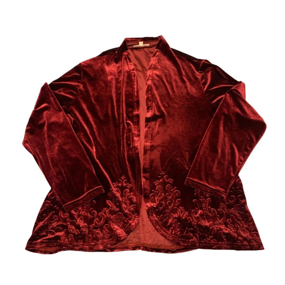 Vintage Womens Whimsigoth Embossed Velvet Jacket Plus Size 1X Burgundy Open
